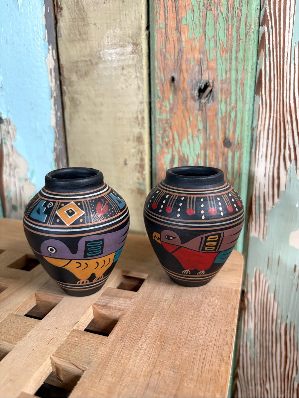 Vintage Minature Peruvian Folk Art Vases Vessels hand painted pottery